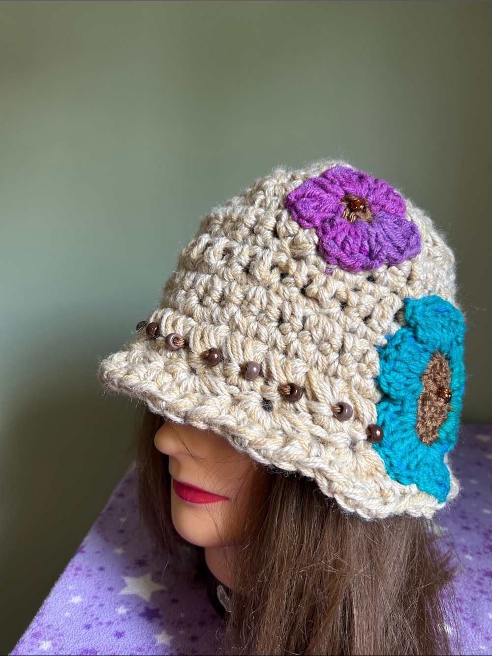 Crochet Flower Beanie with Turquoise and Purple Accents acrylic hemp yarn - Picture 2 of 8